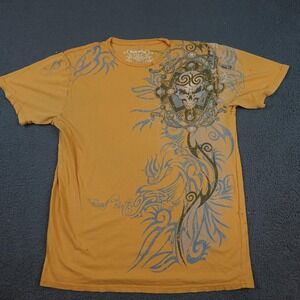 Brad Butter Shirt Mens XL Yellow Skull Tribal Graphic All Over Tattoo Style Tee
